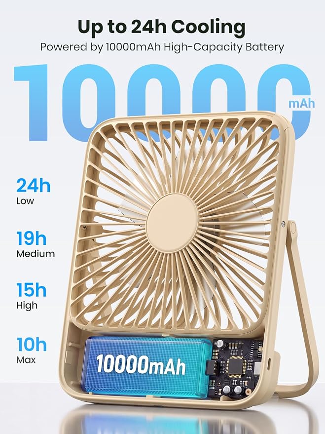Warmco 10000mAh Portable Travel Fan 7-inch, Max 24H Runtime, Ultra-thin Quiet Rechargeable Battery Operated Desk Fan with Digital Display for Camping, Office, Bedroom, Cruise Essentials - Image 2
