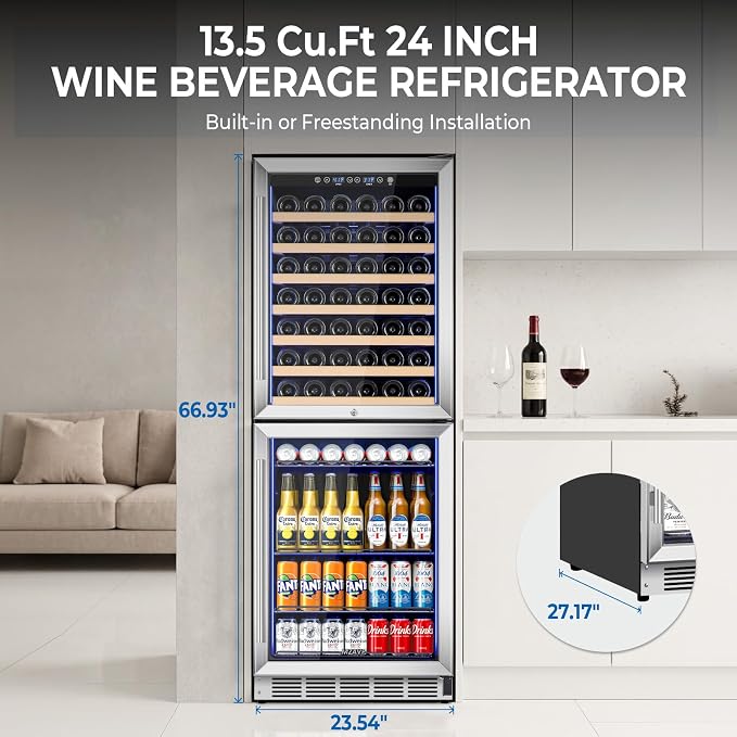 24 Inch Wide Wine and Beverage Cooler, 2 IN 1 Beverage Refrigerator with Glass Door, Dual Zone Wine Fridge Built-In/Freestanding, Beverage Wine Fridge for Home/Bar, 77 Bottle & 180 Can, Silver - Image 7