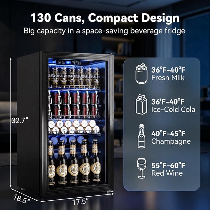 130 Can Beverage Refrigerator, 3.2 Cu.Ft Mini Fridge Beverage Cooler | Glass Door, 35–65°F Digital Temperature Display, Adjustable Shelves, Beverage Fridge for Soda, Beer & Wine - Image 2