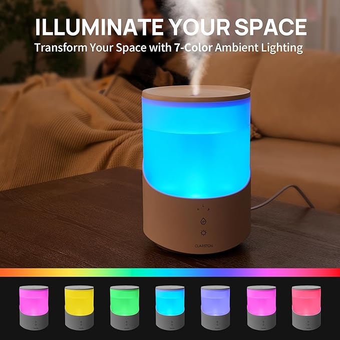 Clarston Humidifiers for Bedroom, 2.5L Cool Mist Humidifier with Essential Oils Diffuser and Nightlight, Top Fill Humidifiers for Home Large Room, Timer, Auto Shut-off, 25H Runtime - Image 7