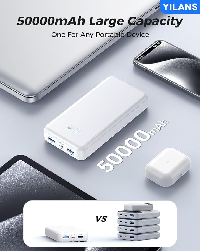 Portable Charger,50000mAh Power Bank Built-in Cable, 22.5W PD USB C In & Out Fast Charging, External Battery Pack with 6 Output & 2 Input, Travel Phone Charger for iPhone 17/16/15/14/13/12(White) - Image 5