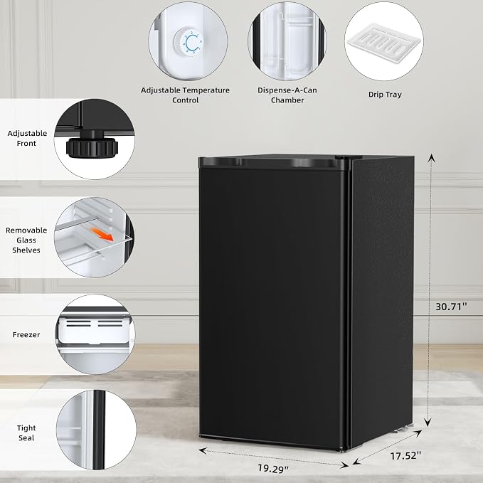 Antarctic Star 3.2 Cu.Ft.Compact Refrigerator with Freezer, Mini Fridge Single Door with Adjustable Thermostat,Removable Glass Shelves for Apartment,Dorm,Office,Kitchen，BLACK - Image 4