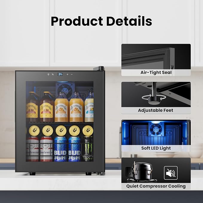 Yeego Beverage Refrigerator Drink Cooler, 65 Cans Mini Fridge Glass Door | Soda Wine Beer Cooler, 34°F To 54°F Temperature Control, for Home Office Bar, Countertop, Black - Image 5