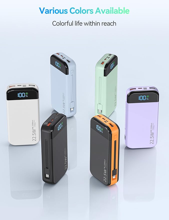 Portable Charger Power Bank 32000mAh with Built in Cables, PD3.0 USB C Fast Phone Charger, 5 Outputs LCD Display Travel Battery Pack Compatible with iPhone, Samsung All Cell Phones (Green) - Image 8