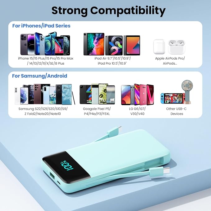 Portable Charger for iPhone,13800mAh Slim Power Bank with Built-in Cables & AC Wall Plug,All in One 4 Outputs USB C Fast Charging Battery Pack Travel Essential for iPhone 17/16/15/14,Android (Green) - Image 7