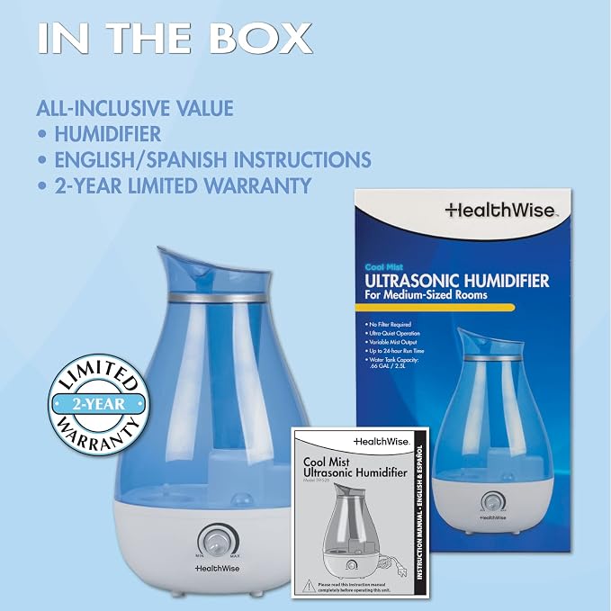 HealthWise Cool Mist Ultrasonic Humidifier | For Medium Size Rooms | No Filter Required | 24 Hour Run Time, Blue, 2.6L - Image 8