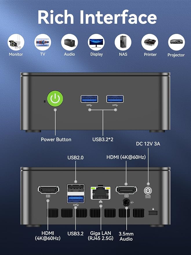 GMKtec G3S Mini PC Computers Intel N95 Processor (Turbo 3.4GHz) | 8GB DDR4 256GB SSD Desktop Computer 4K Dual HDMI Display/3x USB3.2/WiFi 5 BT5.0/RJ45 Ethernet - Image 5