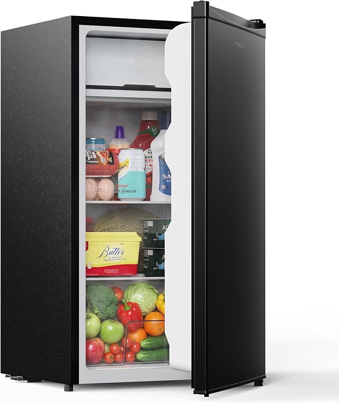 Upstreman 3.2 Cu.Ft Mini Fridge with Freezer, Black-BR321 | Adjustable Thermostat, Energy Saving, Low Noise, Reversible Door, Small Refrigerator for Dorm, Bedroom, Office by StartUpLiveBetter