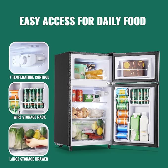 Double Door Small Refrigerator with Freezer-on-top, 3.5 Cubic Feet Mini Fridge with 7-Level Adjustable Thermostat for Office, Dorm, Bedroom, Home and Apartment, Silver - Image 7
