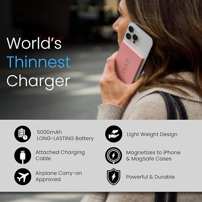 Clutch Pro – World's Thinnest iPhone Charger – Portable Power Bank 5000mAh – Magnetic Built-in Lightning Cable – TSA Approved Travel Charger – iPhone 14 & Earlier – Pink - Image 6