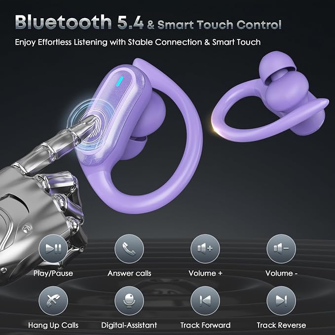 TRAUSI Wireless Earbuds Bluetooth Headphones, 54H Playtime Stereo Over Ear Buds with ENC Noise Cancelling, LED Power Display, IPX7 Waterproof Sport Earphones with Earhooks for Running/Workouts Purple - Image 4