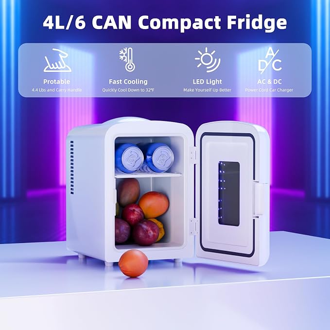 Antarctic Star Mini Compact Refrigerator with Gaming Light, 4L Capacity/6 Cans Portable Mini Fridge, for Bedroom,Car,Office and Dorm, Small Cooler for Cosmetics, Beverage and Food, White - Image 2