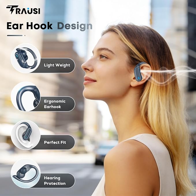 TRAUSI Wireless Earbuds Bluetooth Headphones, 54H Playtime Stereo Over Ear Buds with ENC Noise Cancelling, LED Power Display, IPX7 Waterproof Sport Earphones wih Earhooks for Running/Workouts Blue - Image 2