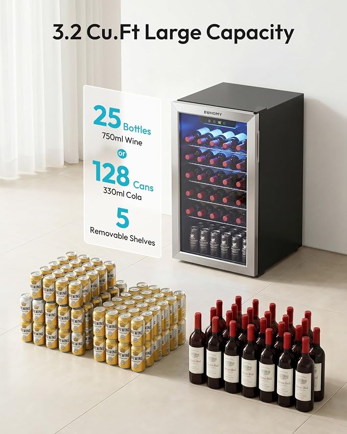 EUHOMY Wine Cooler, 128 Can Wine Fridge with Glass Door for Soda Beer or Wine, Mini Fridge for Home, Office, Bar with Removable Shelves, Silver - Image 3