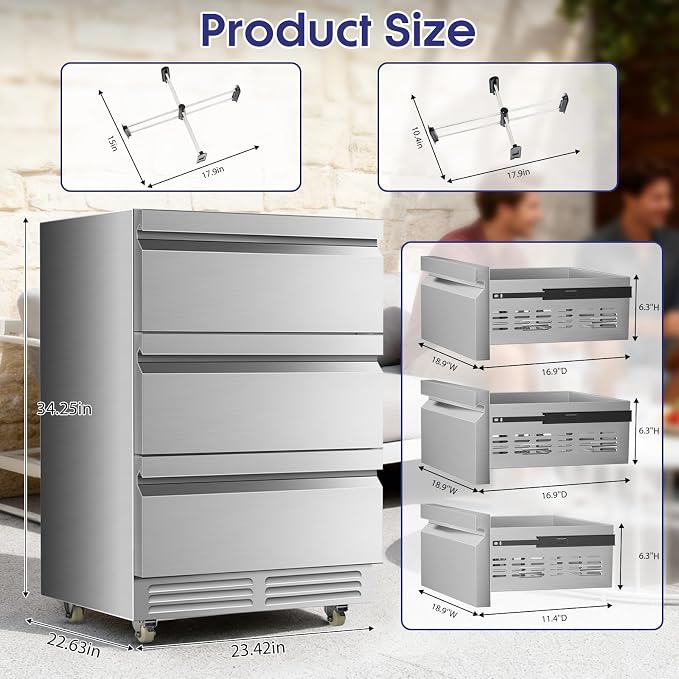 3 Drawers Beverage Refrigerator, 190 Cans 24'' Beverage Fridge with Wheels, Outdoor Waterproof, All Stainless Steel Body, Undercounter or Freestanding, Drink Fridge for Home, Patio & Commercial - Image 7
