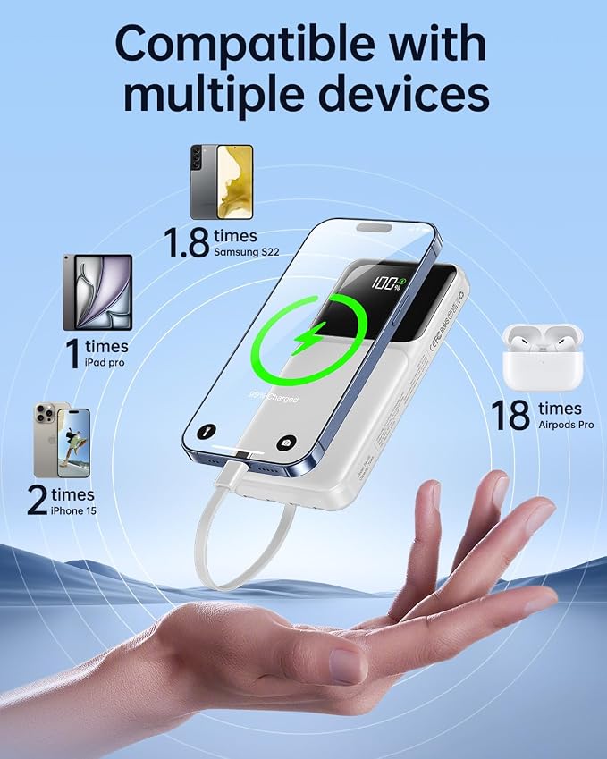RONEGN Portable Charger with Built in Cable - Power Bank Fast Charging USB C LED Display 10000mah Battery Pack 5 Outputs & 3 Inputs for Travel Essentials iPhone Samsung Android Phones Tablets Grey - Image 4
