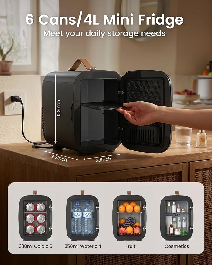 FANSEXPERT Cosmetic Fridge, Portable Mini Fridge for Skincare Food Drinks, 4L/6 Can Electric Plug In Cooler & Warmer, AC/DC Skincare Refrigerator for Bedroom Office Car Dorm (Black) - Image 2