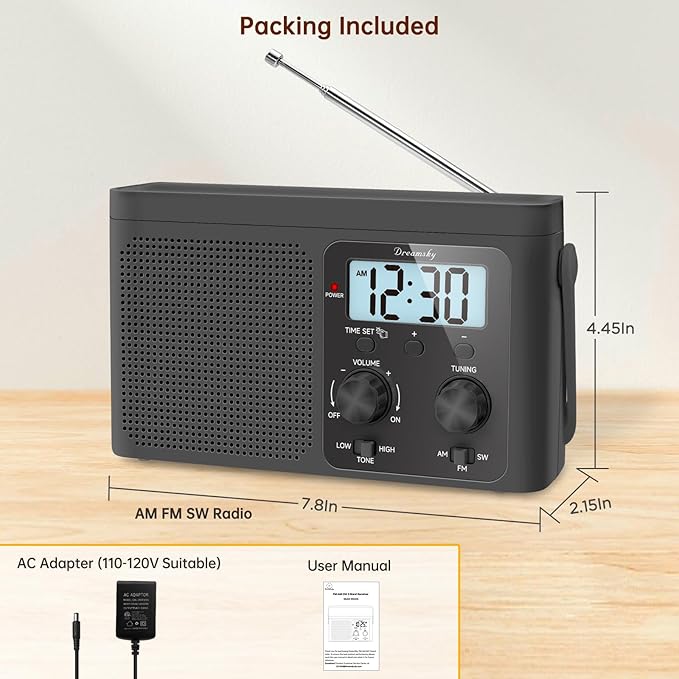 DreamSky AM FM Radio Portable - Shortwave Radio Battery Powered or Plug in Wall for Home Outdoor, Strong Reception, Large Dial Easy to Use, Digital Time Display, Transistor Antenna, Seniors Small Gift - Image 6