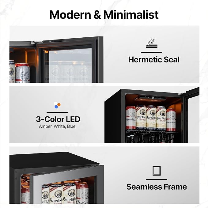Ca'Lefort 65 Cans Mini Fridge, Beverage Refrigerator Cooler for Drink, Beer | 1.62 Cu.ft, Low-noise, Reversible Glass Door, 3-Color LED Lighting, Adjustable Shelves, 34℉ to 54℉ - Image 7