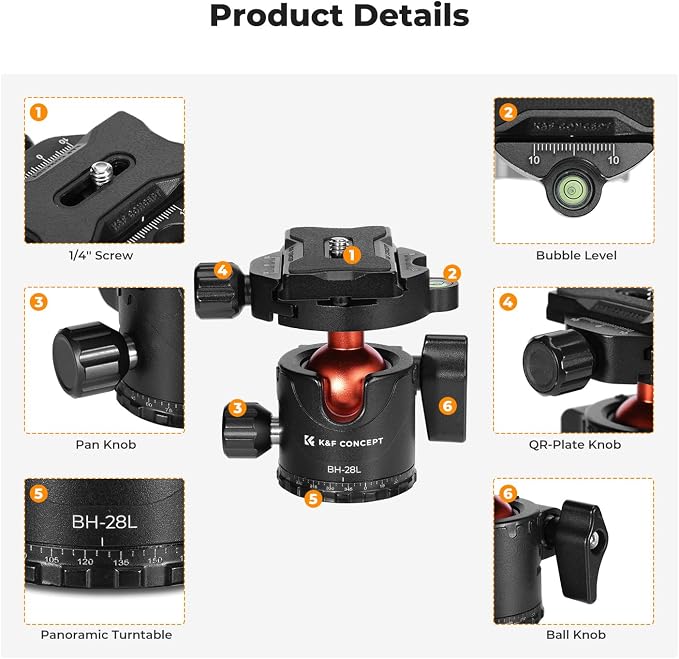 K&F CONCEPT Professional 28mm Metal Tripod Ball Head 360 Degree Rotating - Image 3