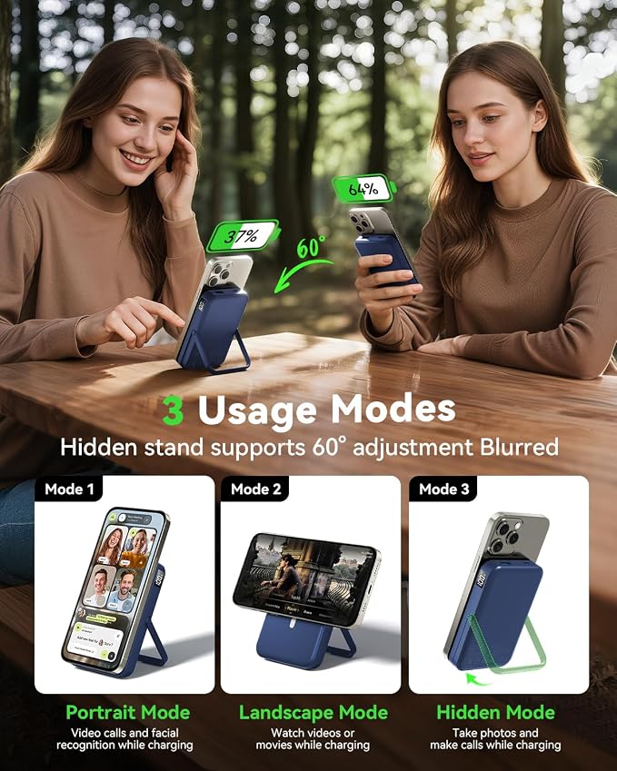 Magnetic Power Bank 10000mAh with for MagSafe Charging,PD 22.5W Fast Charge,Foldable Stand,Dual USB Output,LED Display (Dark Blue) - Image 3