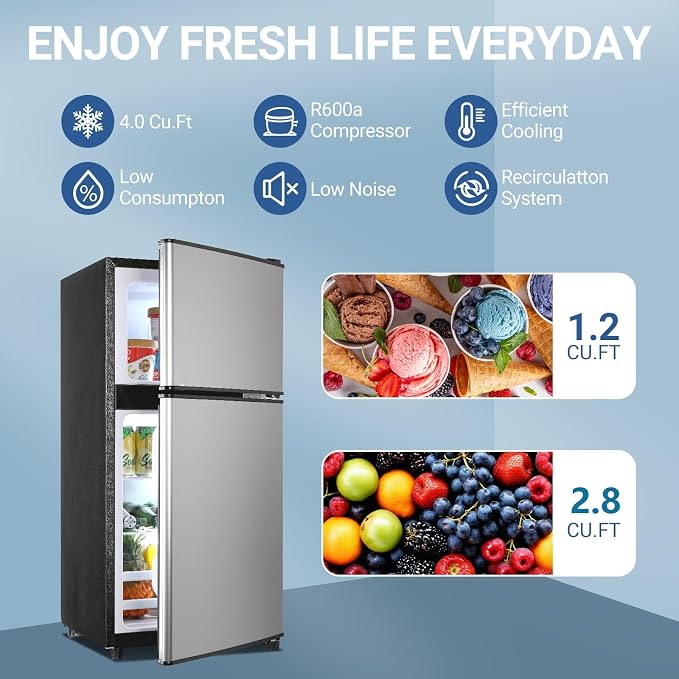 Apartment Size Refrigerator, 4.0 Cu.Ft Compact Fridge with Freezer Silver | Suitable for Apartment, Office, Kitchen, Dorm, Small Refrigerator with 7 Temperature Modes, Double Door - Image 3