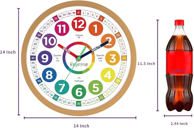 Roymnie14 Inch Wall Clock for Kids Learning to Tell Time Large Analog Silent - Image 2