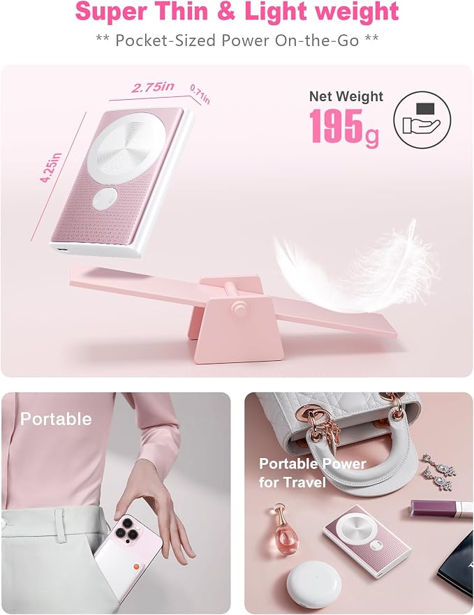 Kesguar Magnetic Portable Charger, 10000mAh 22.5W PD Super Fast Charging Wireless Power Bank. Ultra-Strong Magnet, USB C in&Out Battery Pack for Magsafe, iPhone 17/16/15/13/12 Pro Series, Pink - Image 6