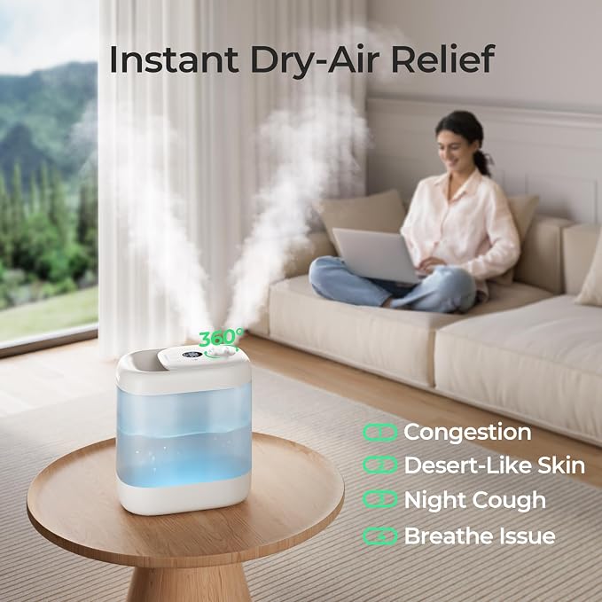 Homvana Humidifiers for Bedroom, 5L Super Easy to Clean Top Fill Auto Adapt Cool Mist Humidifier for Bedroom Plants Baby Kids for Home (Never Leaking Design), Quiet 40H Runtime, Essential Oil Diffuser - Image 3