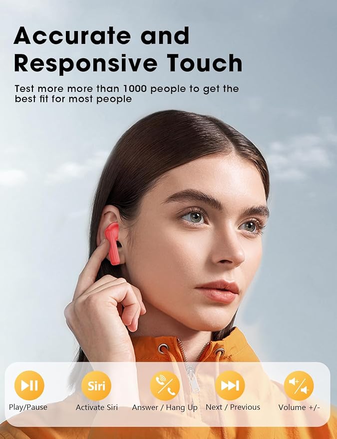 Wireless Earbuds, Hi-Fi Deep Bass Ear Buds, 48H Playtime In-Ear Headphones | 2 Mics for Clear Calls, LED Display, IPX7 Waterproof, Touch Control, Lightweight Bluetooth Earphones for iPhone/Android, Red - Image 7