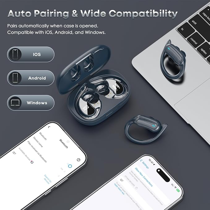 TRAUSI Wireless Earbuds Bluetooth Headphones, 54H Playtime Stereo Over Ear Buds with ENC Noise Cancelling, LED Power Display, IPX7 Waterproof Sport Earphones wih Earhooks for Running/Workouts Blue - Image 6