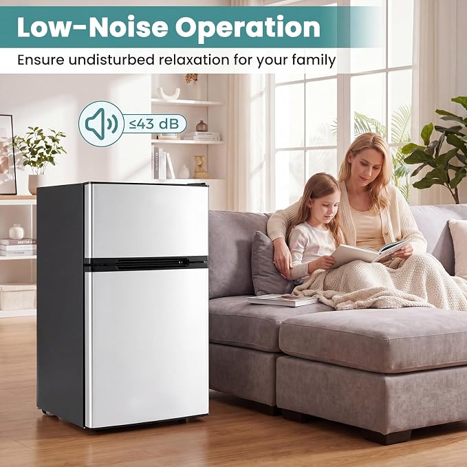 3.2 Cu.Ft Mini Fridge with Freezer, Quiet Small Refrigerator | Double Door, Adjustable Thermostat and Removable Glass Shelves, For Office, Bedroom, Dorm and Apartment - Image 5
