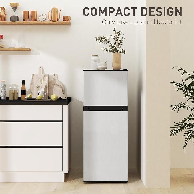 HOMCOM 4 Cu.Ft Mini Fridge with Freezer Double Reversible Silver | Compact Refrigerator, Adjustable Thermostat, Shelf, for Bedroom Dorm Home Office, Energy Efficient - Image 8
