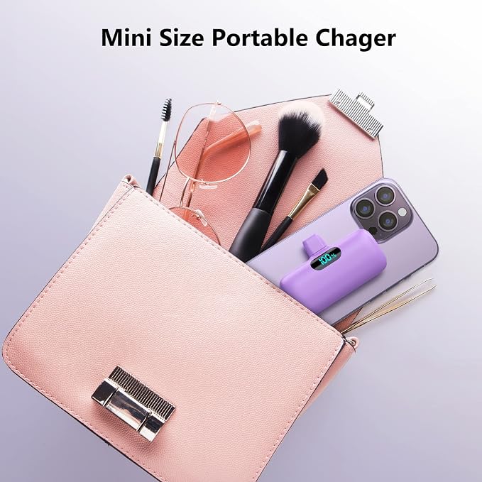 Mini Portable Charger for iPhone,Upgraded 5000mAh PD Fast Charging Battery Pack,LCD Display Cute Power Bank Portable Phone Charger for iPhone 14/14 Pro Max/13/13 Pro/12 Pro/11/XS/XR/X/8/7/6-Purple - Image 3
