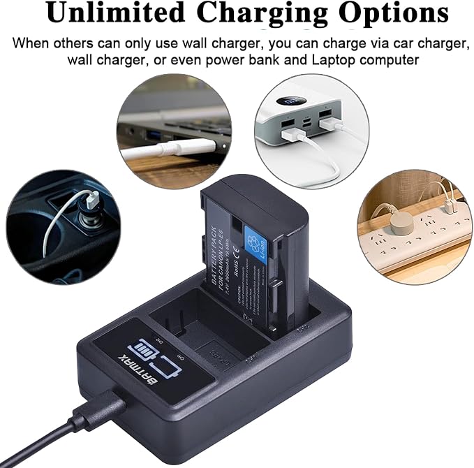 Batmax 2Pcs 2650mAh LP-E6 LP-E6N Battery + LED Dual Charger - Image 6