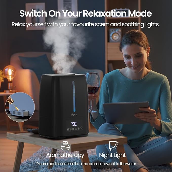6L Top Fill Ultrasonic Humidifier - Cool and Warm Mist for Bedroom, Baby, Large Rooms & Plants, Smart Humidity Control, Aroma Diffuser, Night Light, 12H Timer, Quiet, Black - Image 6