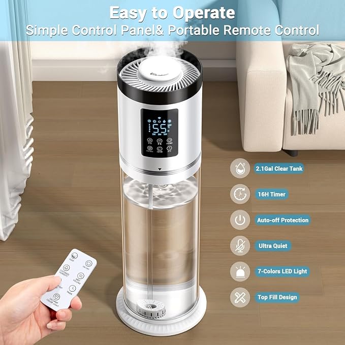 8L/2.1Gal Humidifiers for Bedroom Large Room with Clear Tank, 7-Color Light, 36dB Ultrasonic Cool Mist Humidifiers with Humidistat, Essential Oil Tray Top Fill Humidifier for Home Bedroom Office - Image 3