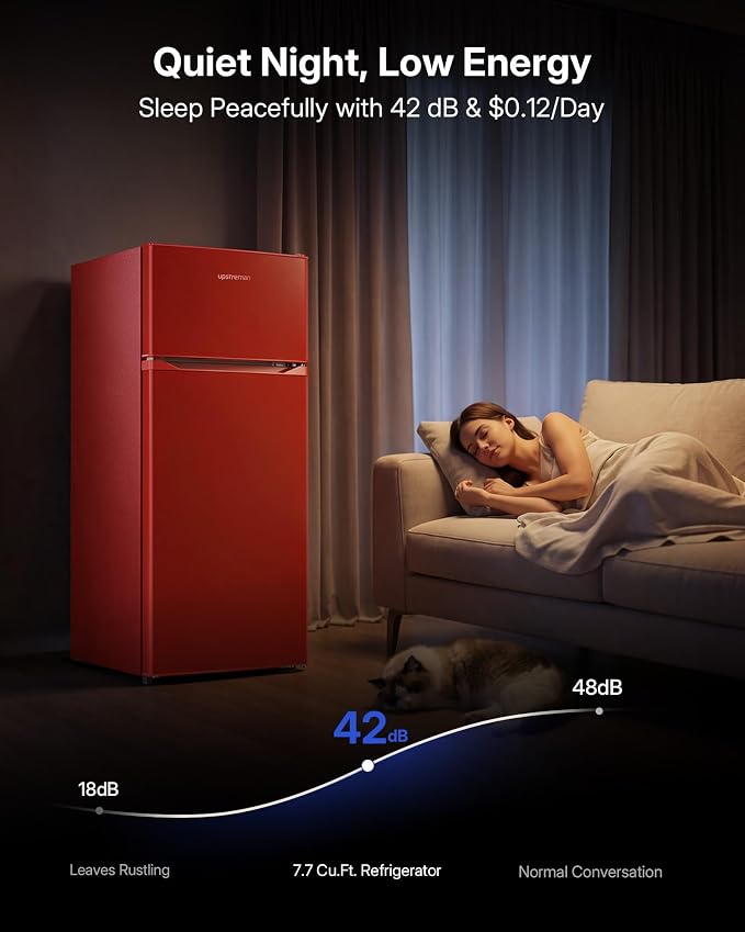 Upstreman 7.7 Cu Ft Refrigerator with Freezer Double Door Fridge | 7 Adjustable Thermostat , Reversible Door, Large Capacity Refrigerator for Apartment, Dorm, Office, Kitchen, Red (BD-75) - Image 6