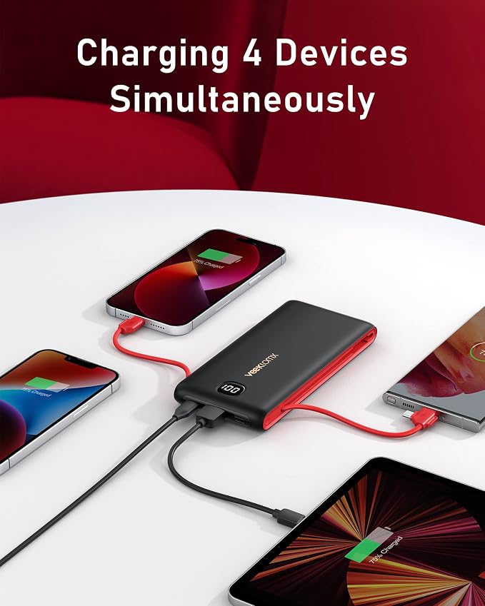 VEEKTOMX Portable Charger with Built in Cables 10000mAh, Power Bank for iPhone with AC Wall Plug, Fast Charging USB C Slim Battery Pack with LED Display Compatible with iPhone 17/16/15/14, Samsung - Image 5