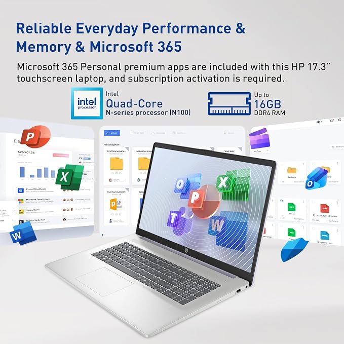 HP 17.3" Touchscreen Laptop w/Microsoft 365, 8GB RAM, 128GB SSD, Webcam w/Shutter, Fingerprint Reader, Backlit Keyboard, Microsoft Copilot Key, Intel Quad-Core CPU, Win11, Lavender - Image 7