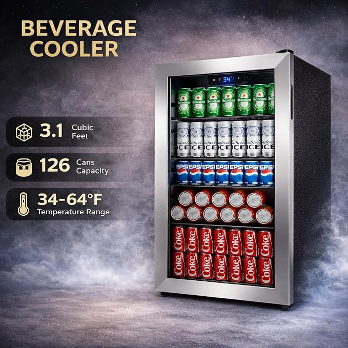 130 Can Beverage Refrigerator, 3.2 Cu.Ft Drink Cooler | Reversible Glass Door, 35–65°F Digital Temperature Display, Adjustable Shelves, Beverage Fridge for Soda, Beer & Wine - Image 2