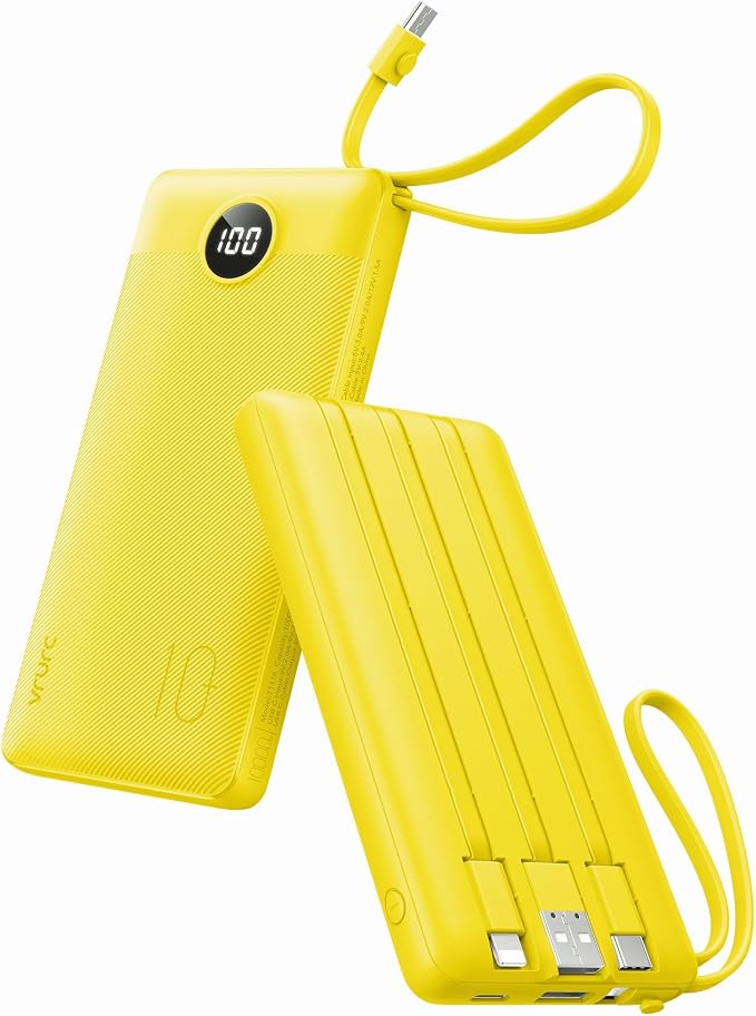 VRURC Portable Charger with Built-in Cables, 10000mAh LED Display USB C Power Bank, Slim Travel Battery Pack with 5 Output 2 Input Compatible with iPhone 17 16 15 13,Samsung,Android etc-Yellow(1 Pack) by Home