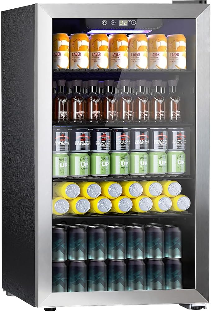 COWSAR Wine Cooler, 26 Bottle 130 Can Beverage Refrigerator, ETL Approved Mini Drink Fridge Clear Glass Door Quiet Compressor Adjust Temp 3.2 Cu.Ft Wine Fridge for Soda Beer by COWSAR