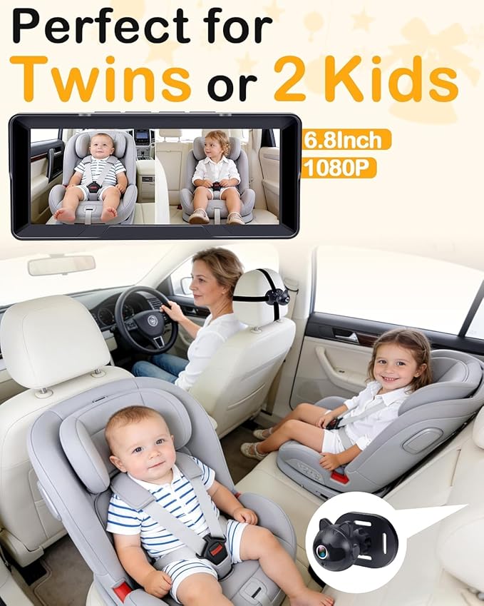 1080P Dual Baby Car Camera: 6.8" Night Vision Monitor 2-Kids from Head to Toe - Image 2