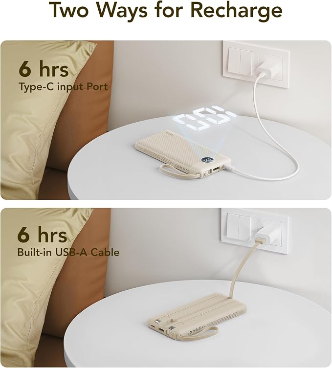 VRURC Portable Charger Power Bank,10000mAh Travel Essentials Battery Pack, 5 Outputs 2 Inputs Slim USB C Charging Bank Built-in Cables Cords for iPhone 17 16 15 13,Samsung,Android-Light Coffee(1 Pack) - Image 7