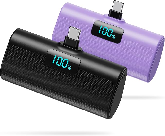 [2-Pack]Small Portable Charger 5200mAh, Upgraded PD USB C Power Bank Built-in USB-C Connector,LCD Display Battery Pack Compatible with iPhone 15/15 Plus/15 Pro/15 Pro Max/Samsung Android(Black+Purple) by HETP