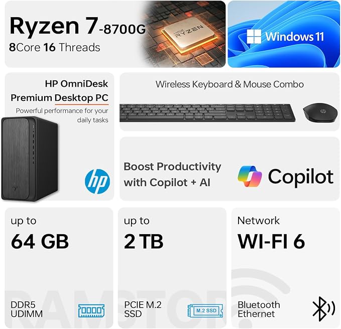 HP OmniDesk M02 Tower Desktop for Professionals, AMD Ryzen 7 8700G Performance for Productivity & Multitasking, 32GB DDR5 RAM, 2TB SSD, W11P, Wireless KB & M, Bundle with ADATA 64GB USB Flash Drive - Image 2