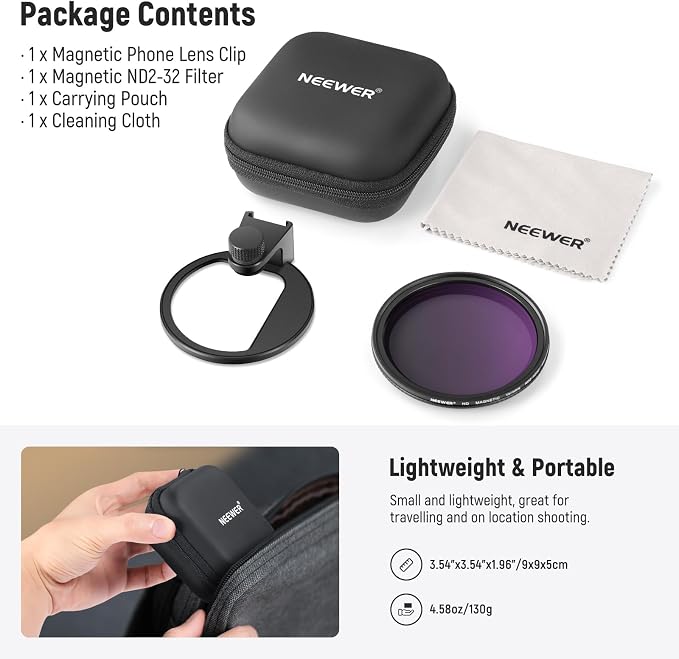NEEWER 67mm Clip On Variable ND2-ND32 Phone Lens Filter Kit, Phone Clip - Image 9