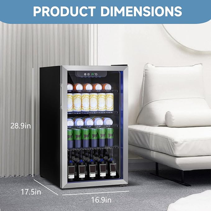 Erivess Mini Fridge 110Can Beverage Refrigerator Cooler Glass Door for Soda | 3.1 Cu Ft Drink Fridge for Home/Bar/Office with LED Display, Digital Temperature Control, Removable Shelves for Wine, Silver - Image 4