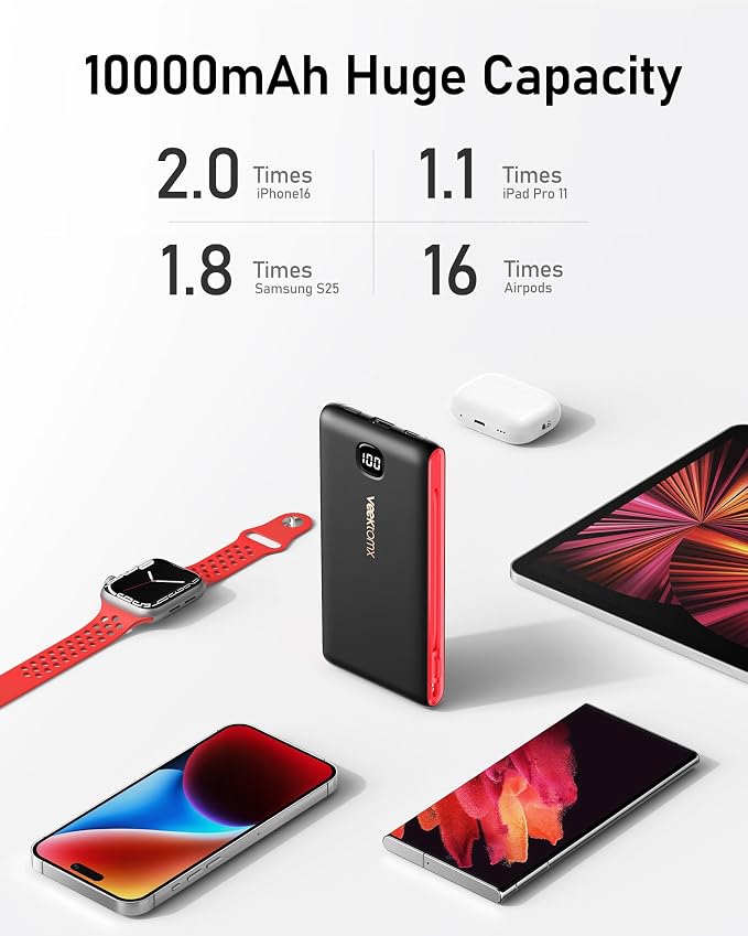 VEEKTOMX Portable Charger with Built in Cables 10000mAh, Power Bank for iPhone with AC Wall Plug, Fast Charging USB C Slim Battery Pack with LED Display Compatible with iPhone 17/16/15/14, Samsung - Image 6